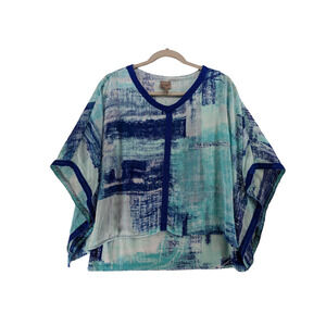 Easywear by Chico Short‎ Sleeve Blouse M Blue Abstract Print Trimmed Table Art